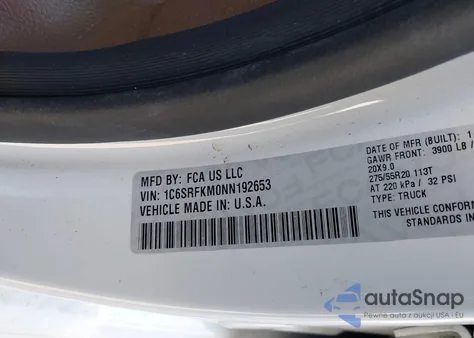 2022 Ram 1500 Limited Longhorn 4X4 5'7 Box из США, поврежденный, VIN 1C6SRFKM0NN192653